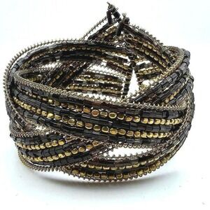 Vintage Cuff Wrap Beaded Braided Bracelet Black Gold Tone‎ Flexible Boho Unisex